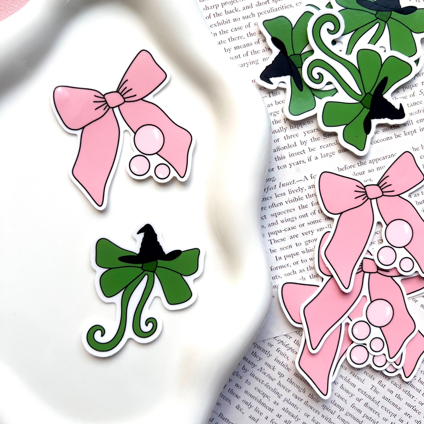 Pink and Green Witches Bow Stickers